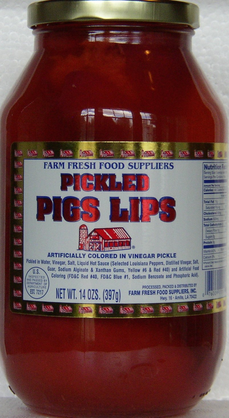 Farm Fresh pickled pigs lips in 14oz jar, savory snack ready for charcuterie pairing