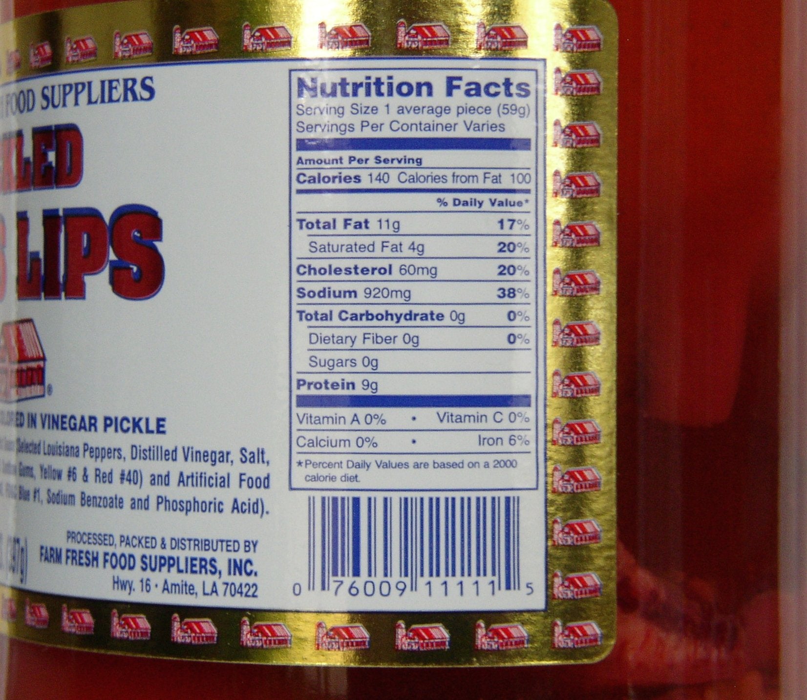 Farm Fresh pickled pigs lips jar closeup showing brine texture and bite