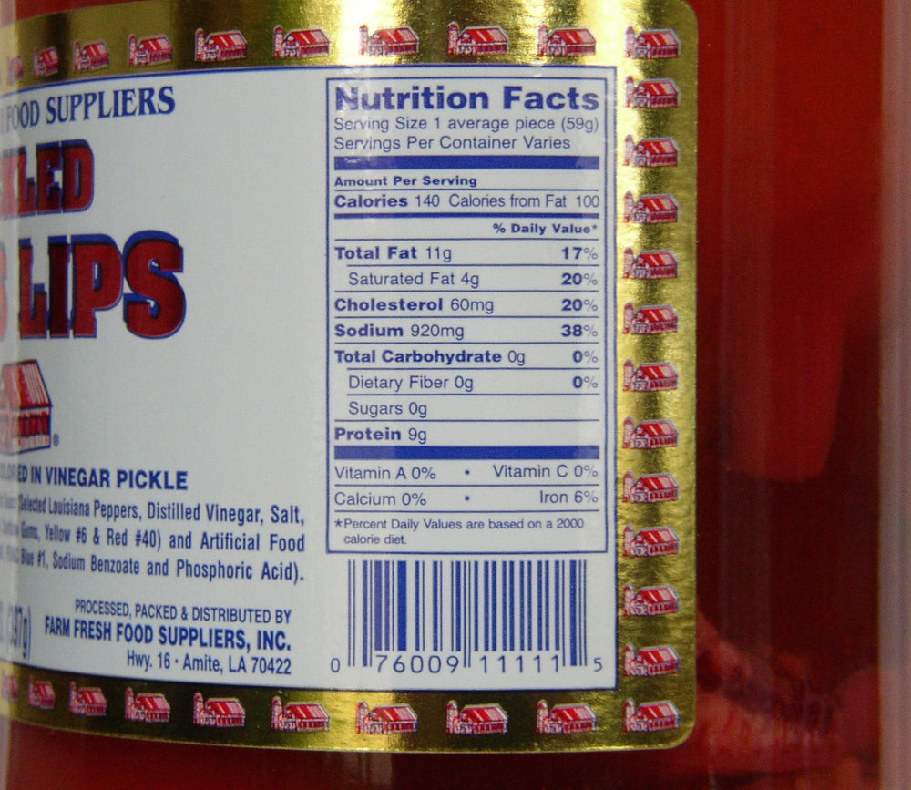 Farm Fresh pickled pigs lips jar closeup showing brine texture and bite