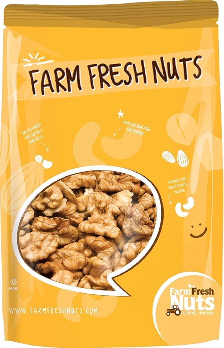 Farm Fresh Nuts dry roasted unsalted California walnuts in a 1lb bag, crunchy and protein-packed.