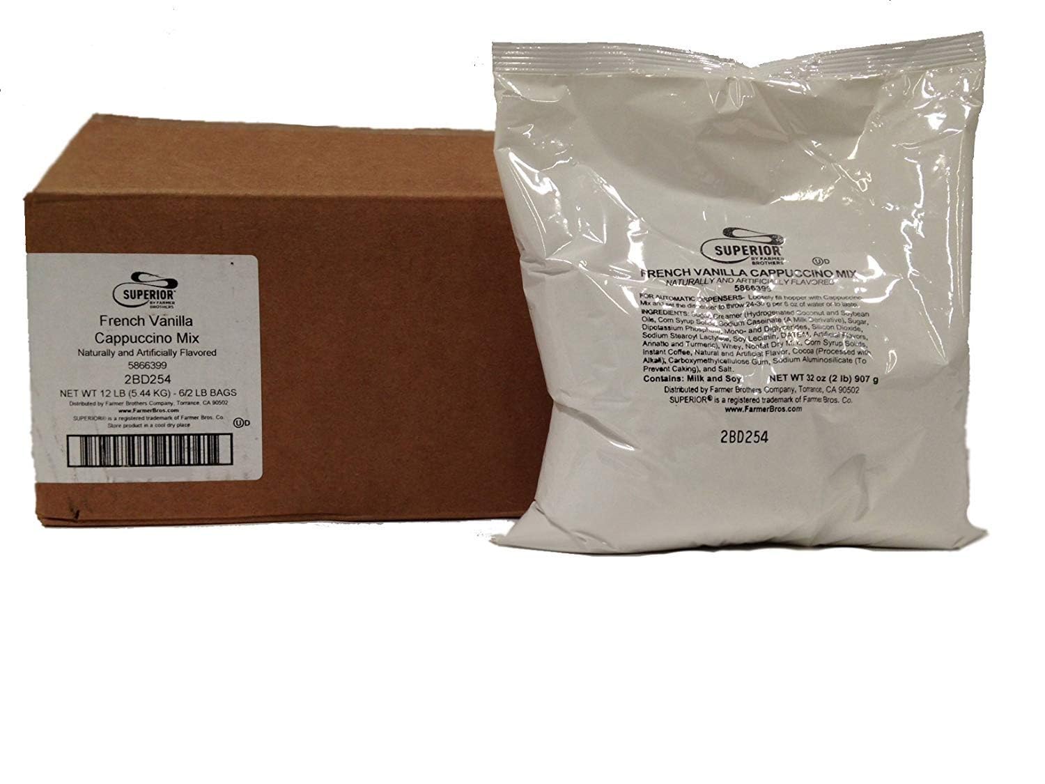 Farmer Brothers powdered cappuccino mix six-bag packaging displayed for cafe-quality beverages