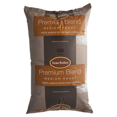 Farmer Brothers Premium Blend Arabica whole beans for cafe-grade grind.