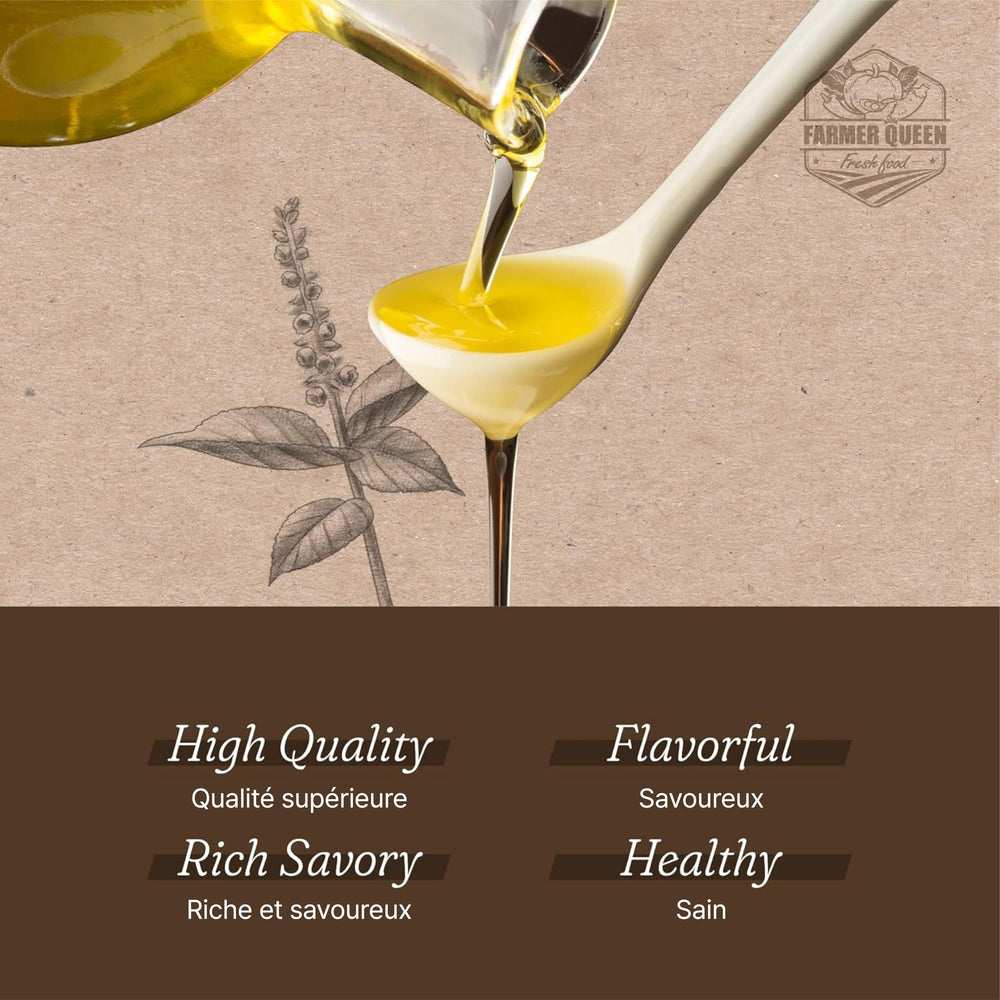 Close-up of Farmer Queen Perilla Oil label highlighting quality and omega-rich profile.