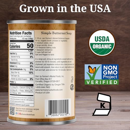 Farmers Market butternut squash puree label shows USDA Organic and kosher certifications.