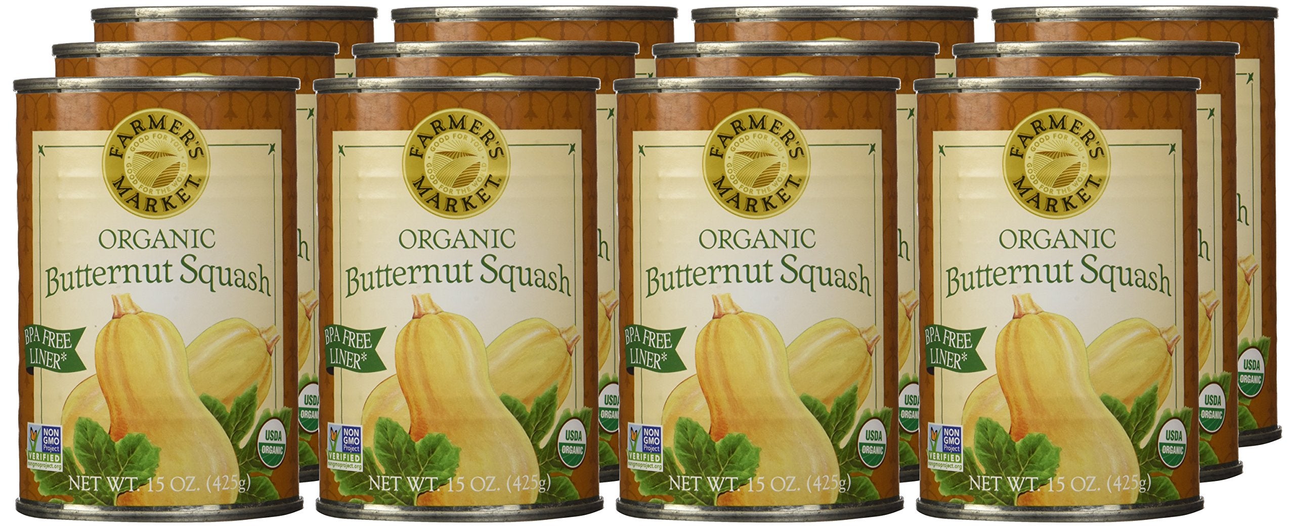 Farmers Market butternut squash puree non-GMO claims quality ingredients.
