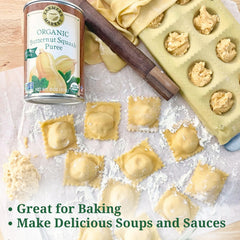 Farmers Market butternut squash puree organic certifications badge signals trusted organic status.