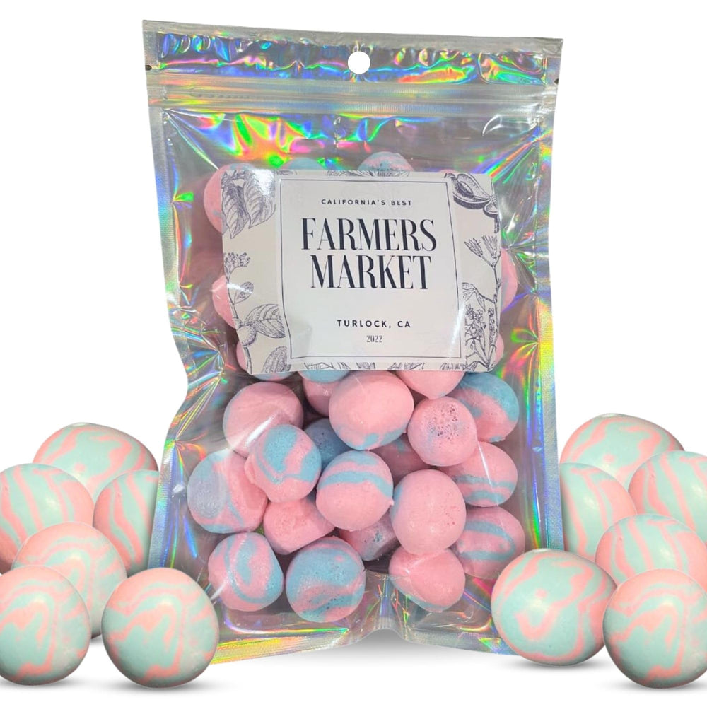 Farmers Market Cotton Candy Taffy freeze-dried close-up shows airy texture ideal for chewing.