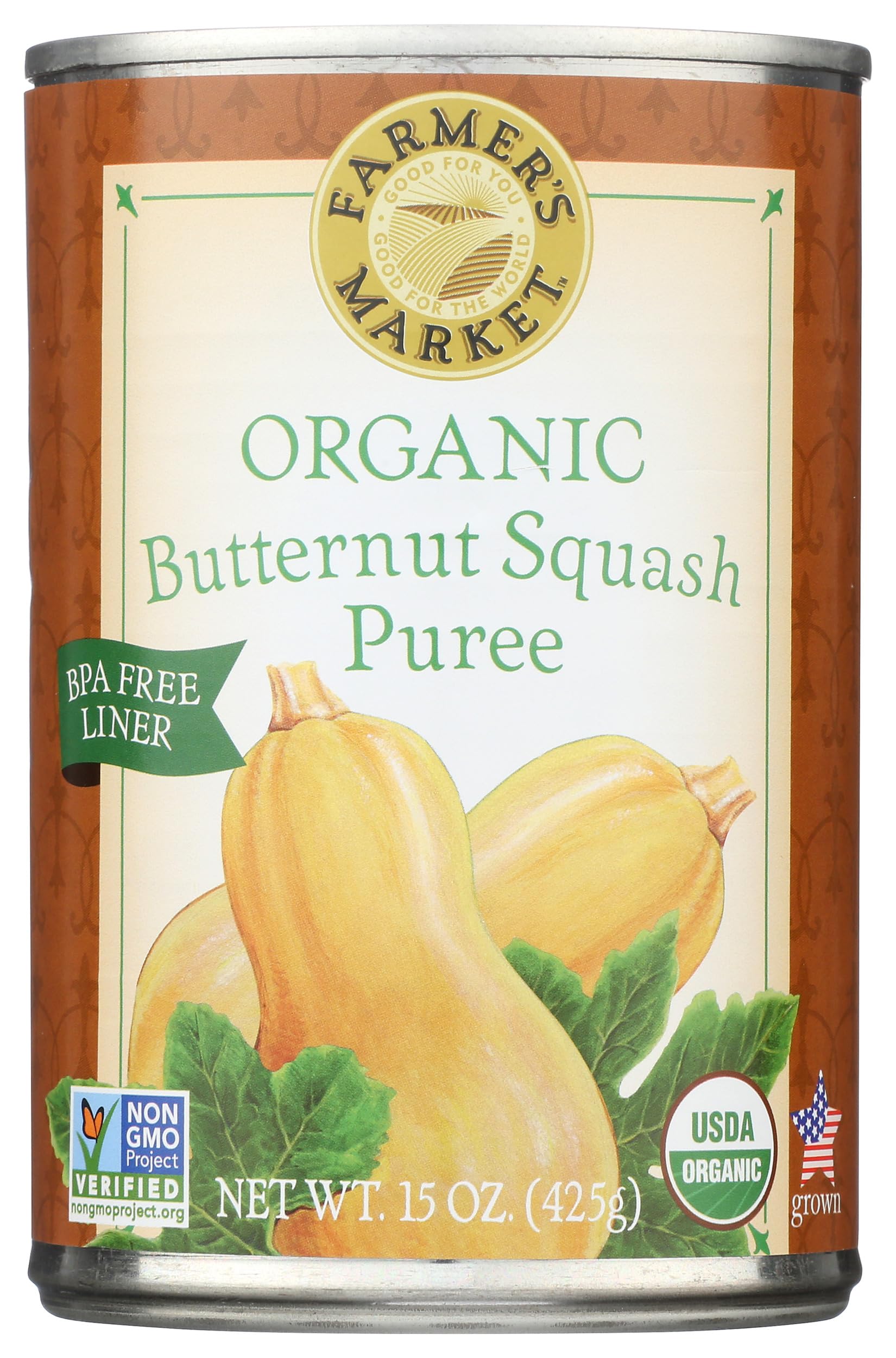 FARMER'S MARKET Organic Butternut Squash Puree can front, a pantry staple for easy meals.