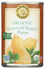 FARMER'S MARKET Organic Butternut Squash Puree can front, a pantry staple for easy meals.