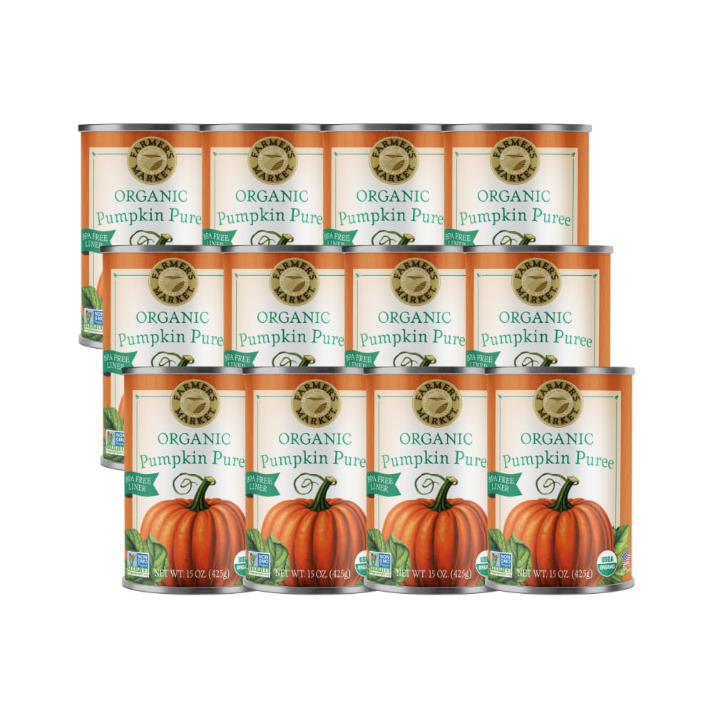 Farmers Market Organic Pumpkin Puree 12-pack in pantry ready for baking.