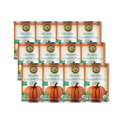Farmers Market Organic Pumpkin Puree 12-pack in pantry ready for baking.