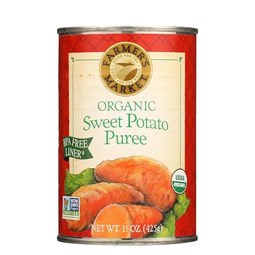 FARMER'S MARKET Organic Sweet Potato Puree 15-ounce jar shown for quick prep