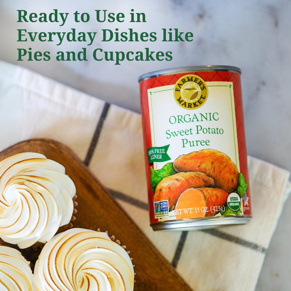 FARMER'S MARKET Organic Sweet Potato Puree back label highlights organic vegan ingredients