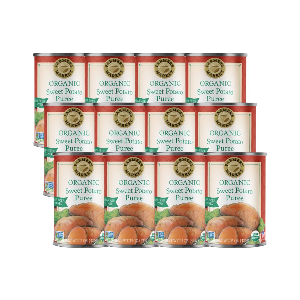 FARMER'S MARKET Organic Sweet Potato Puree packaging front, bulk pantry storage ready