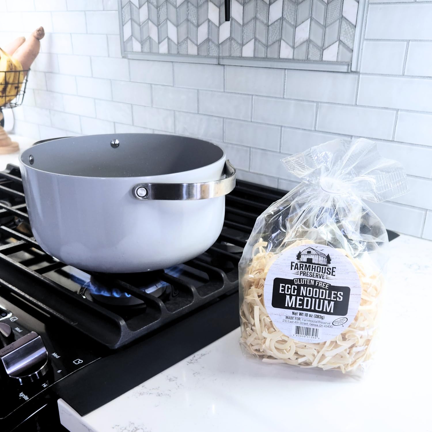 Farmhouse Preserve Amish tradition packaging hints at time-honored noodle craft.