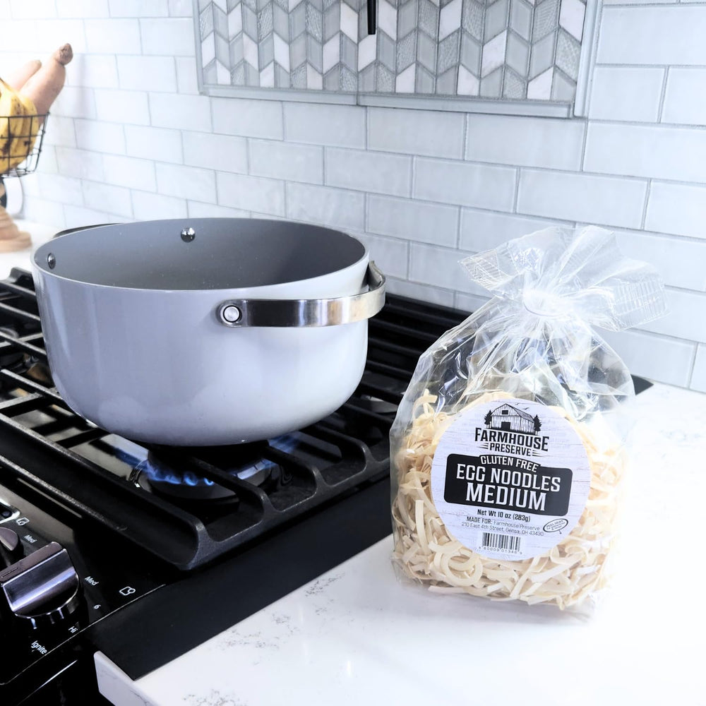 Farmhouse Preserve Amish tradition packaging hints at time-honored noodle craft.