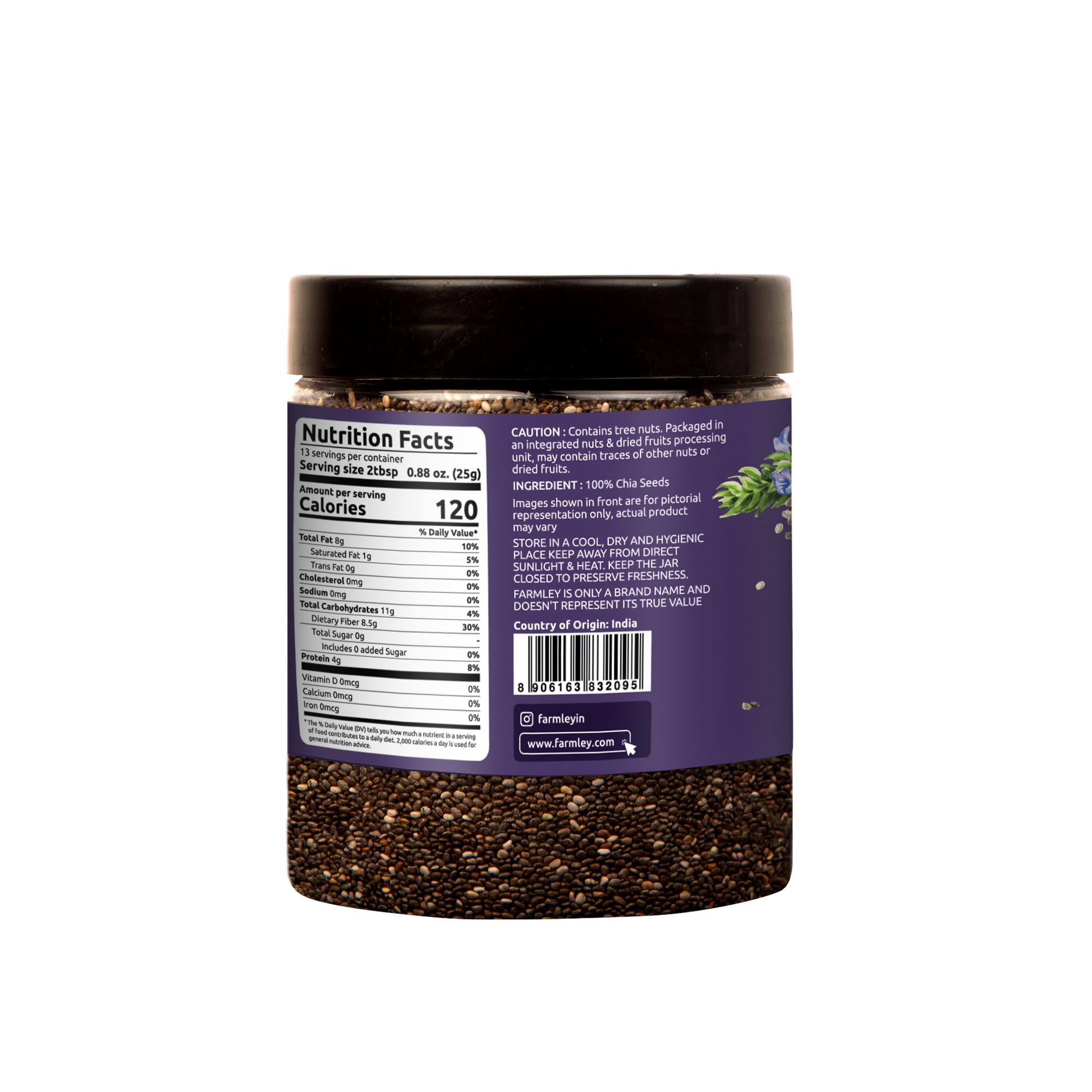Close-up of raw black Farmley chia seeds for healthy snacking.