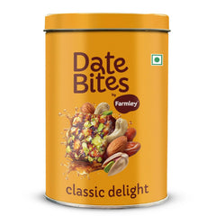 Farmley Protein Dates Bars jar on the table, a convenient on-the-go snack.