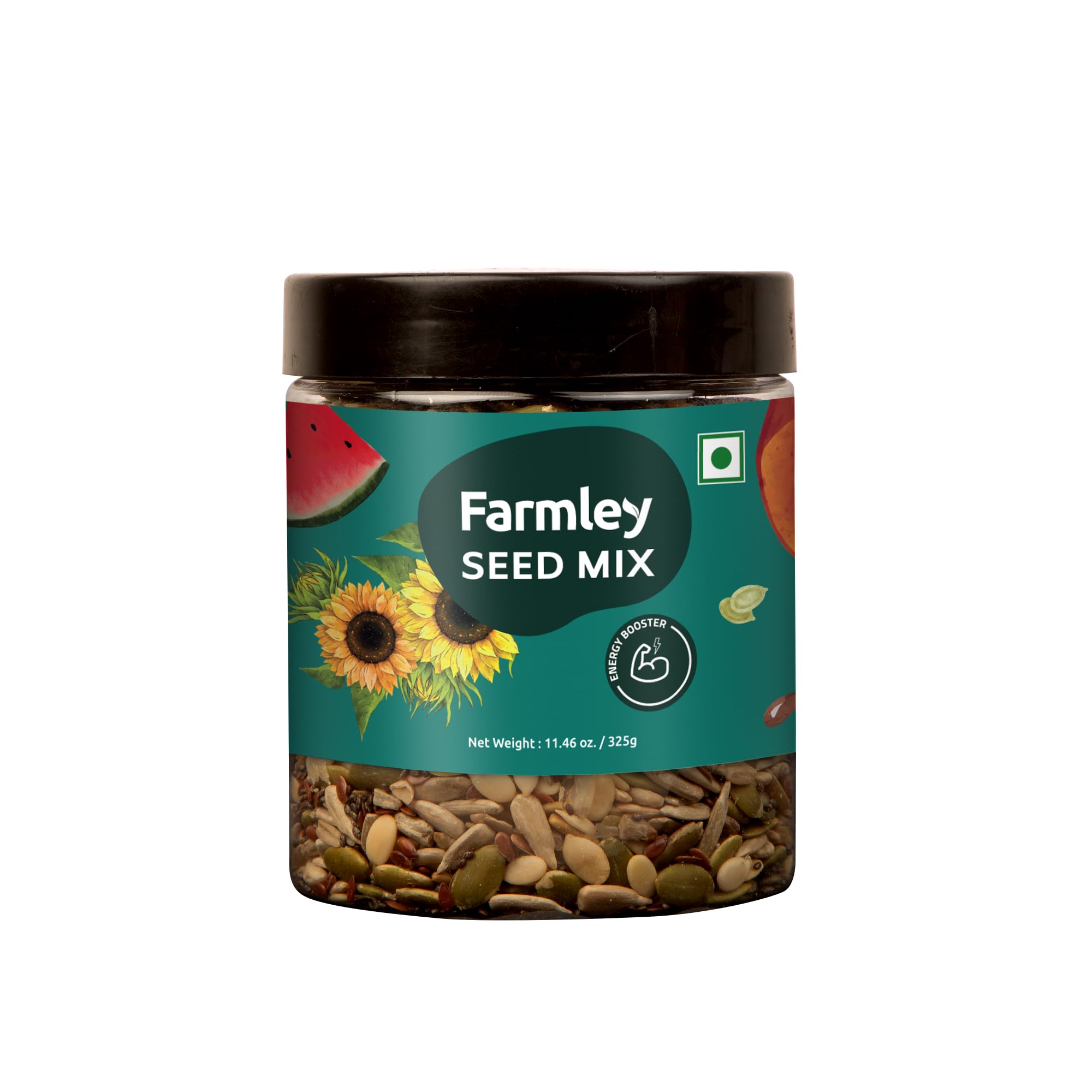 Farmley Raw Superfood Seed Mix in a jar for convenient nutrition on the go.