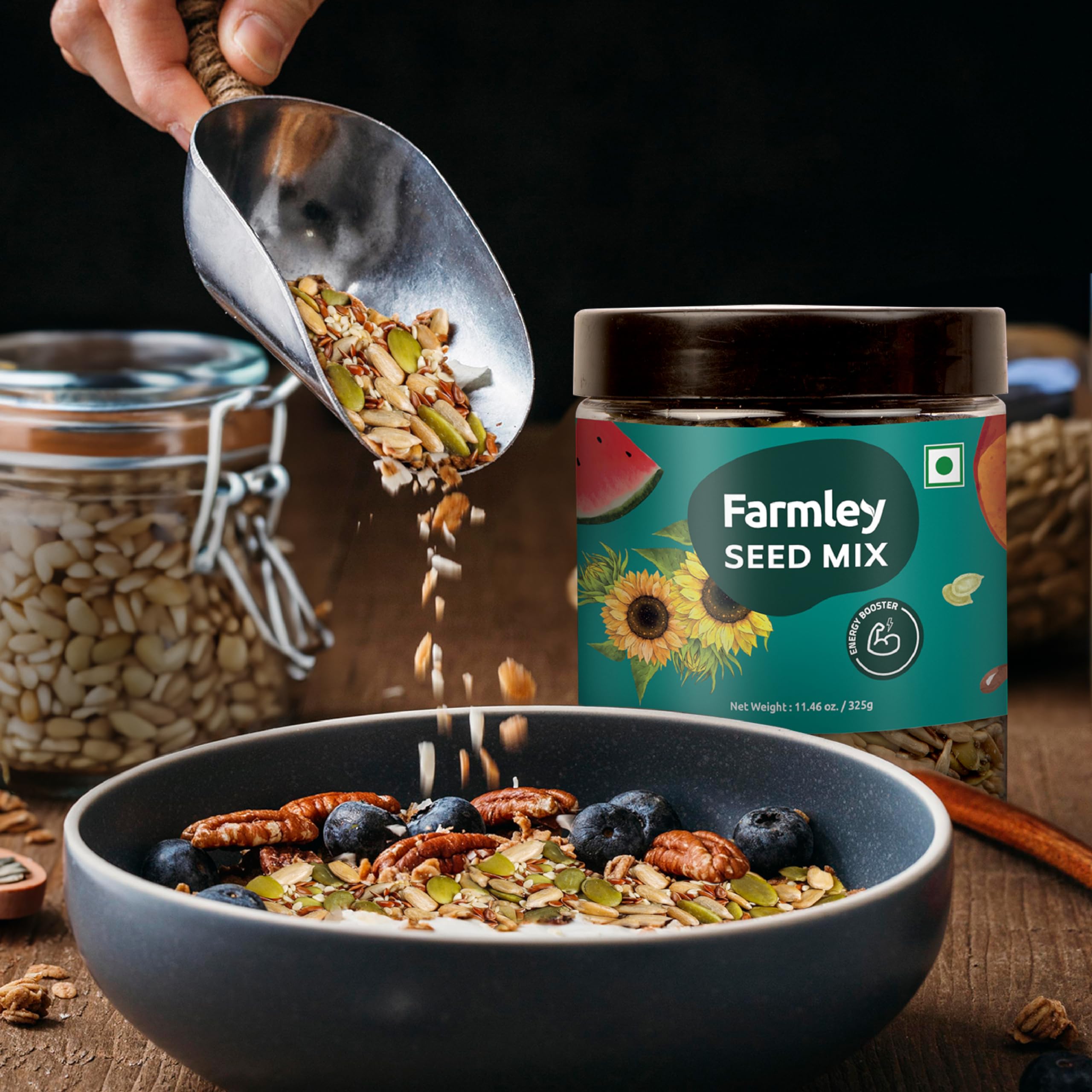 Farmley Seed Mix on yogurt adds texture and plant-based nutrients.