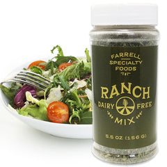 Farrell Dairy Free Ranch Mix jar label highlighting vegan ingredients for dairy-free dressings.