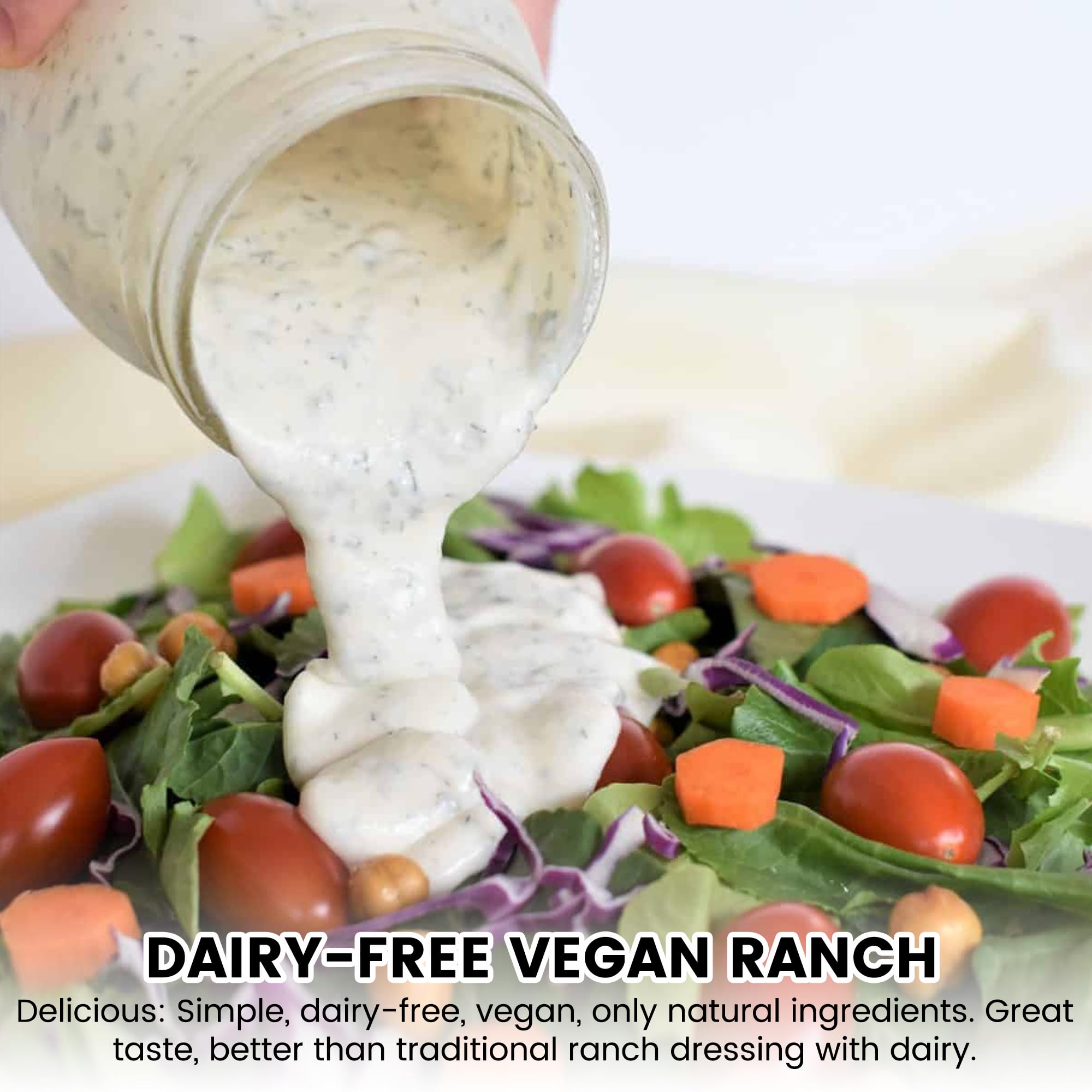 Salad bowl with creamy vegan dressing using Farrell mix.