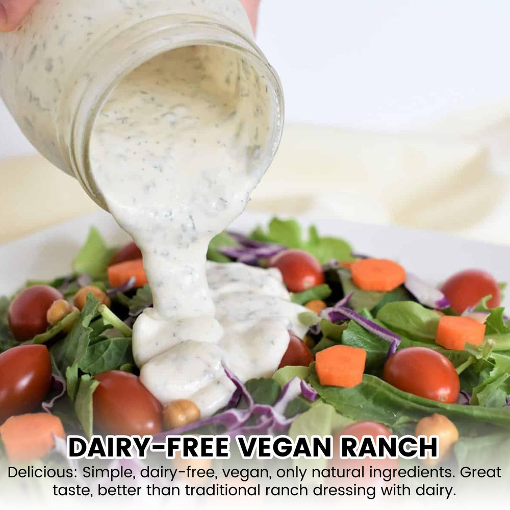 Salad bowl with creamy vegan dressing using Farrell mix.