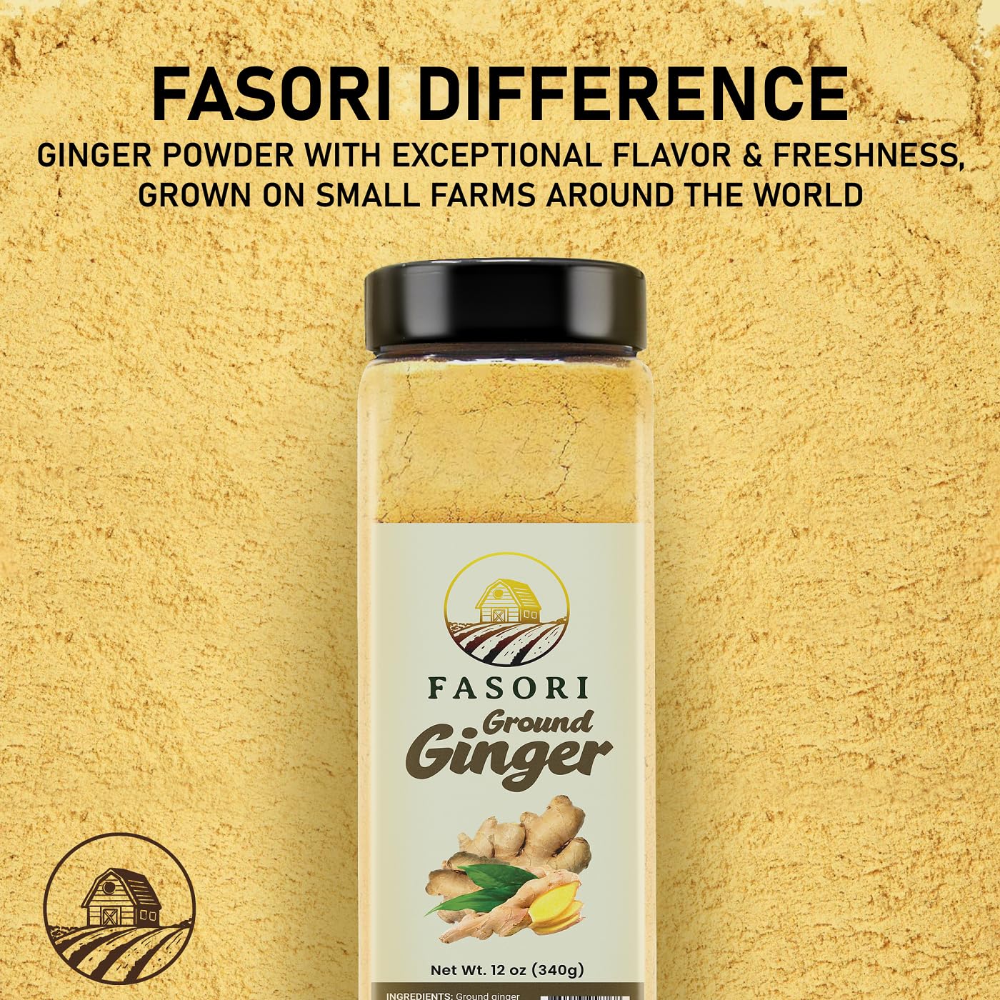 Fasori ground ginger powder bulk 12 oz on kitchen shelf with long-lasting freshness