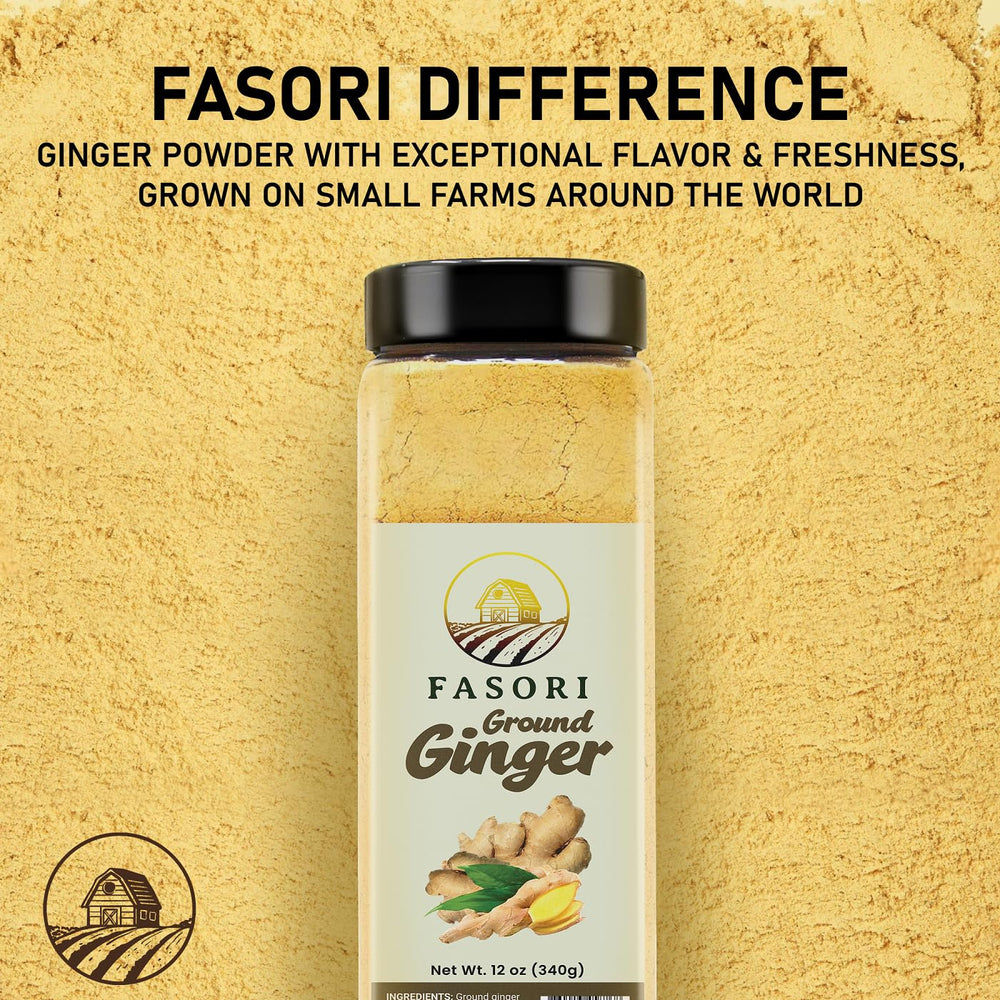 Fasori ground ginger powder bulk 12 oz on kitchen shelf with long-lasting freshness