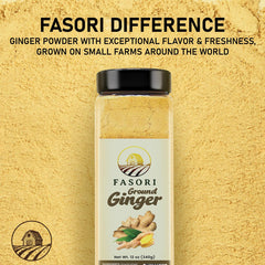 Fasori ground ginger powder bulk 12 oz on kitchen shelf with long-lasting freshness