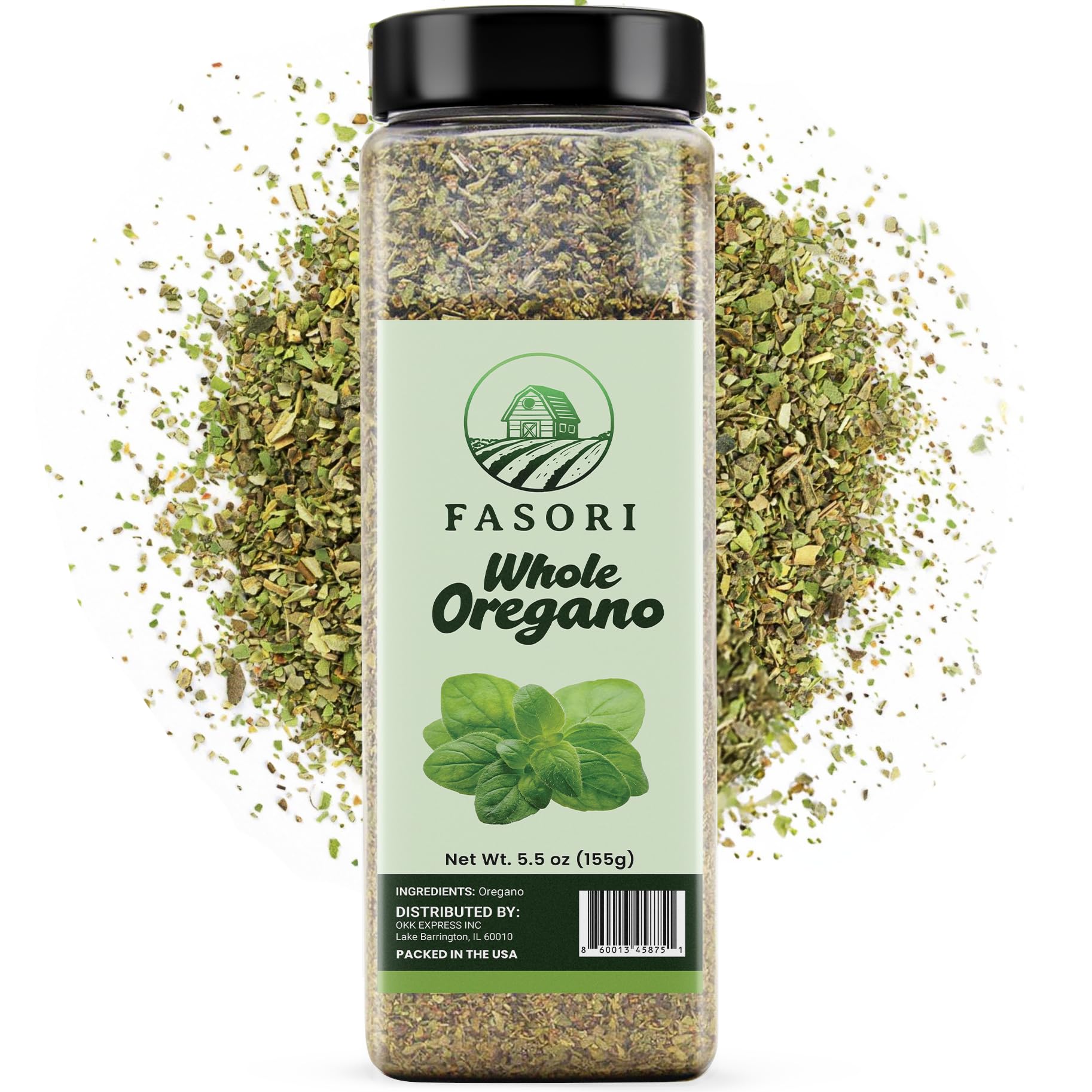 Fasori Oregano kitchen setup image shows USA-packaged jar with fresh flavor