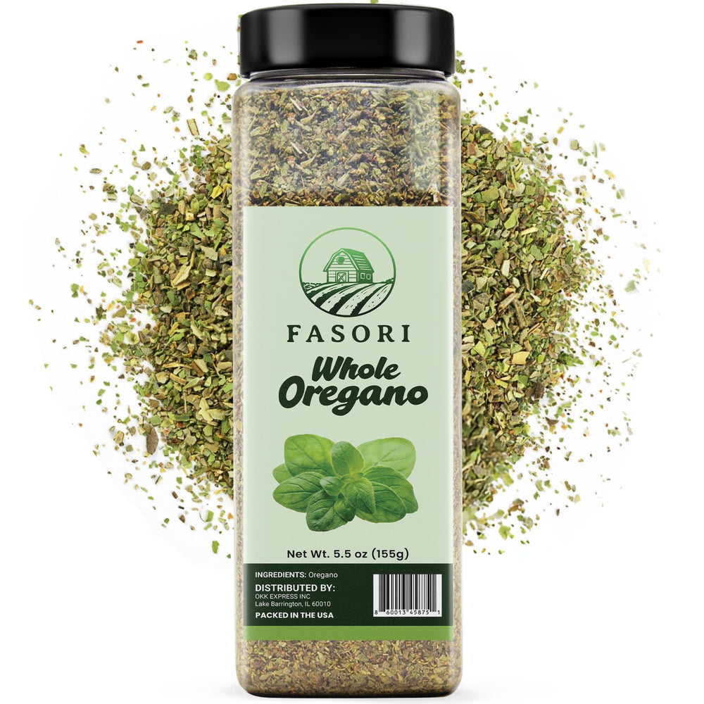 Fasori Oregano kitchen setup image shows USA-packaged jar with fresh flavor