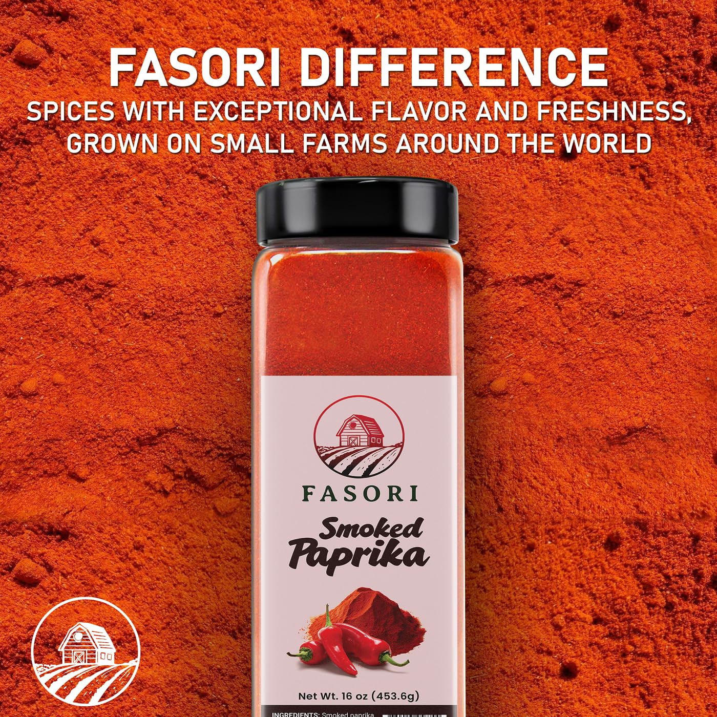 Close-up of Fasori smoked paprika powder showing rich red color and fine grind