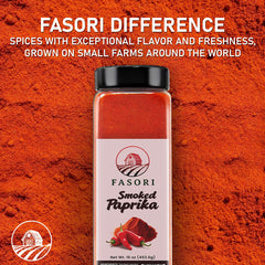Close-up of Fasori smoked paprika powder showing rich red color and fine grind