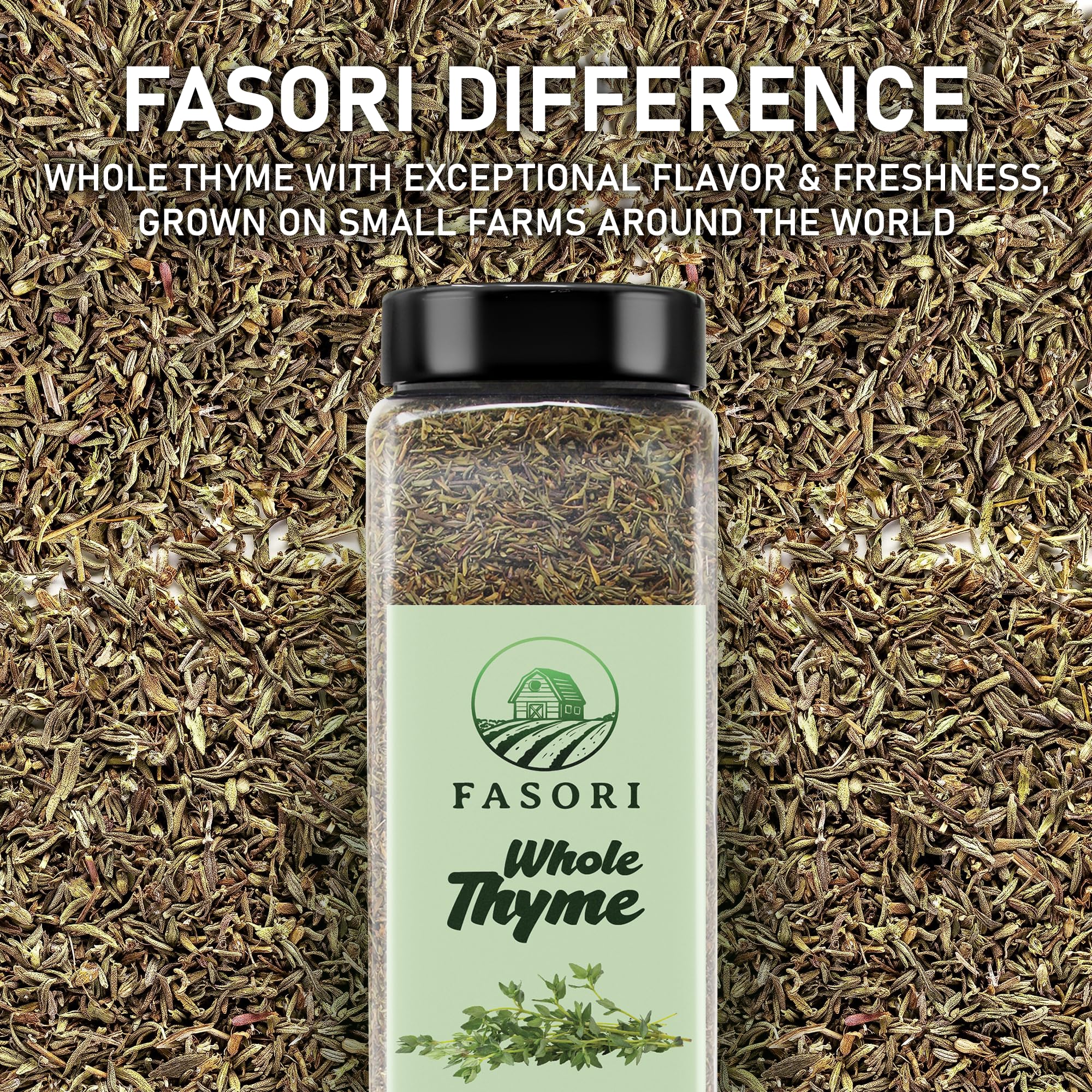 Fasori Thyme Leaves close-up texture shows earthy aroma.