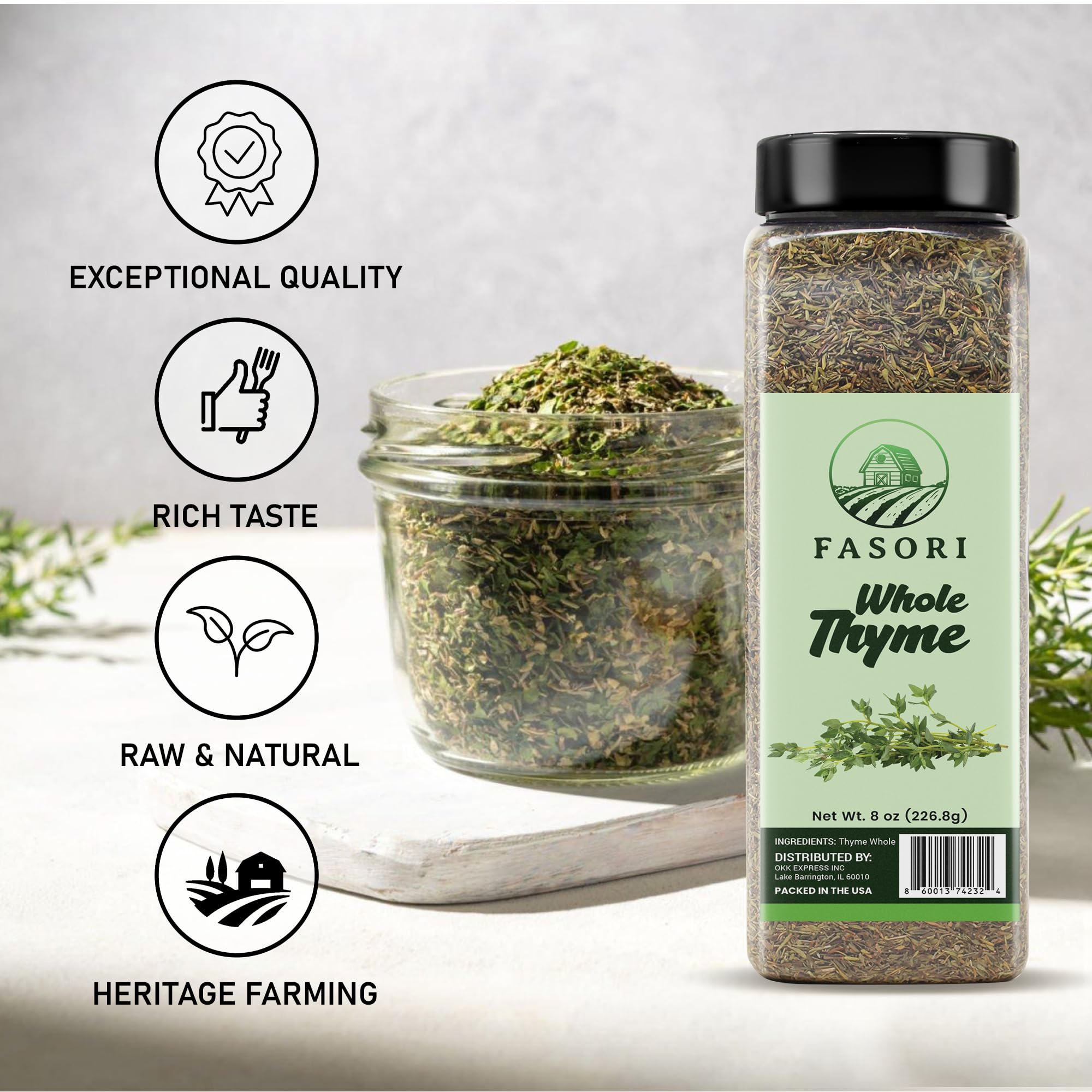 Fasori Thyme Leaves on spice shelf for pantry.