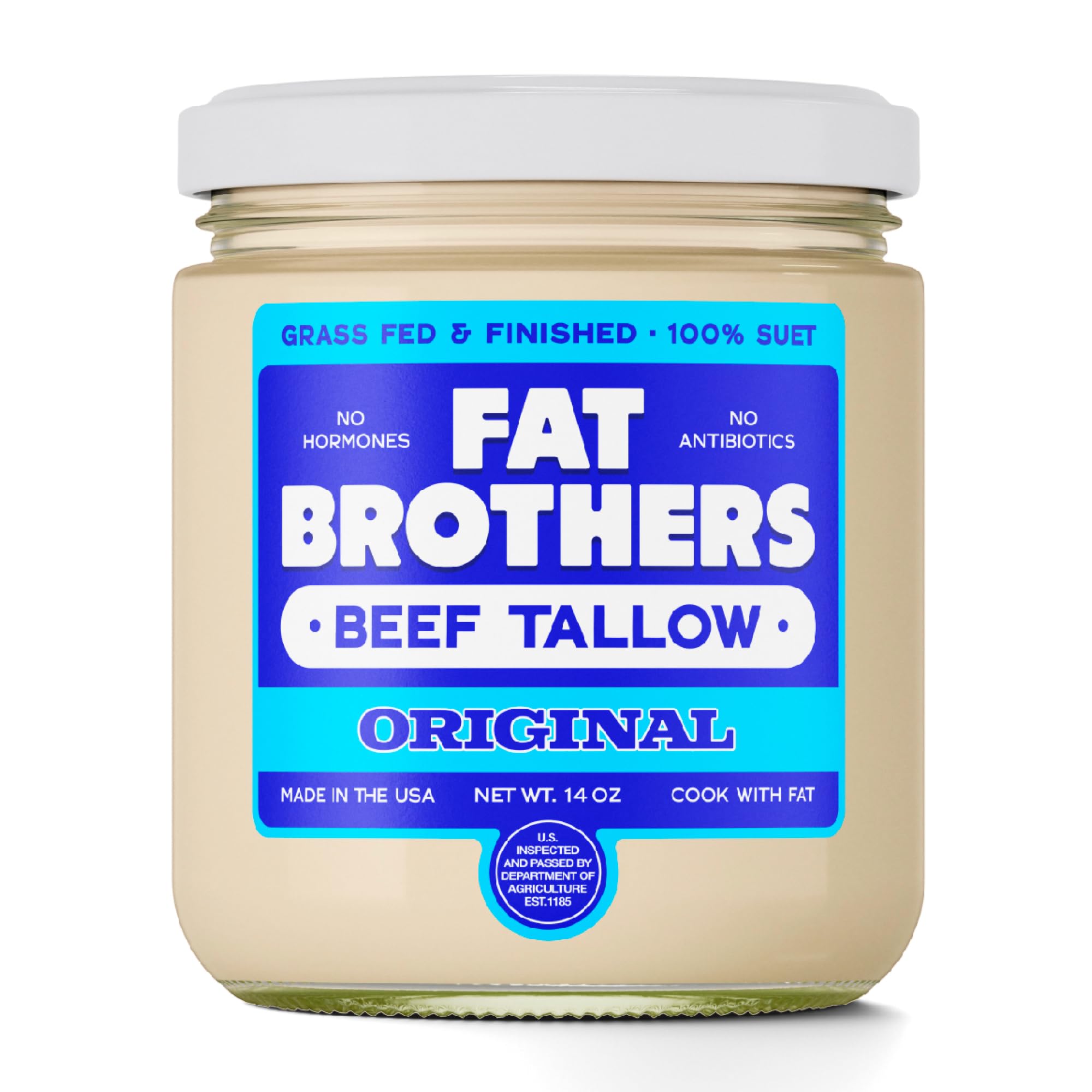 Fat Brothers Original Grass-Fed Beef Tallow jar on counter for versatile cooking
