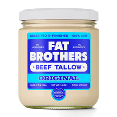 Fat Brothers Original Grass-Fed Beef Tallow jar on counter for versatile cooking