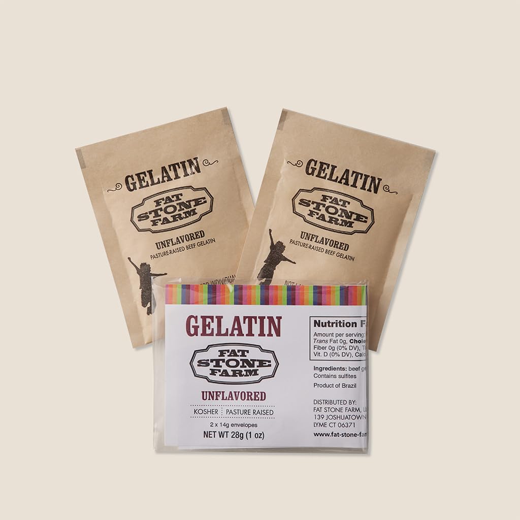 Fat Stone Farm Kosher beef gelatin front packaging with single-serve packets for quick desserts.