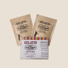 Fat Stone Farm Kosher beef gelatin front packaging with single-serve packets for quick desserts.