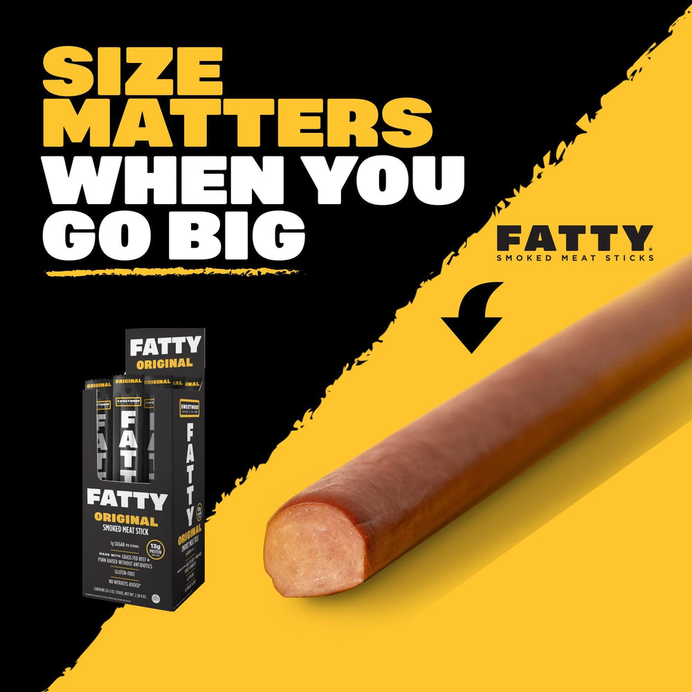 FATTY Meat Sticks 2oz Stick in Hand; portable protein snack.