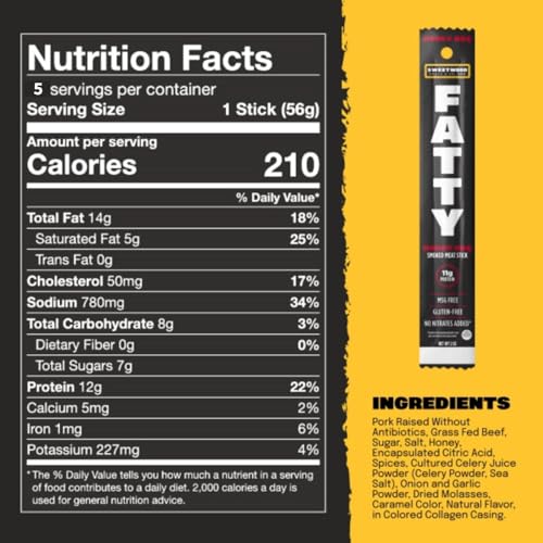 FATTY Honey BBQ sticks, back panel view, convenient pack-of-five snack for active days