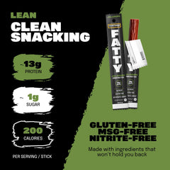FATTY Meat Sticks ingredients close-up with grass-fed beef and antibiotic-free pork.