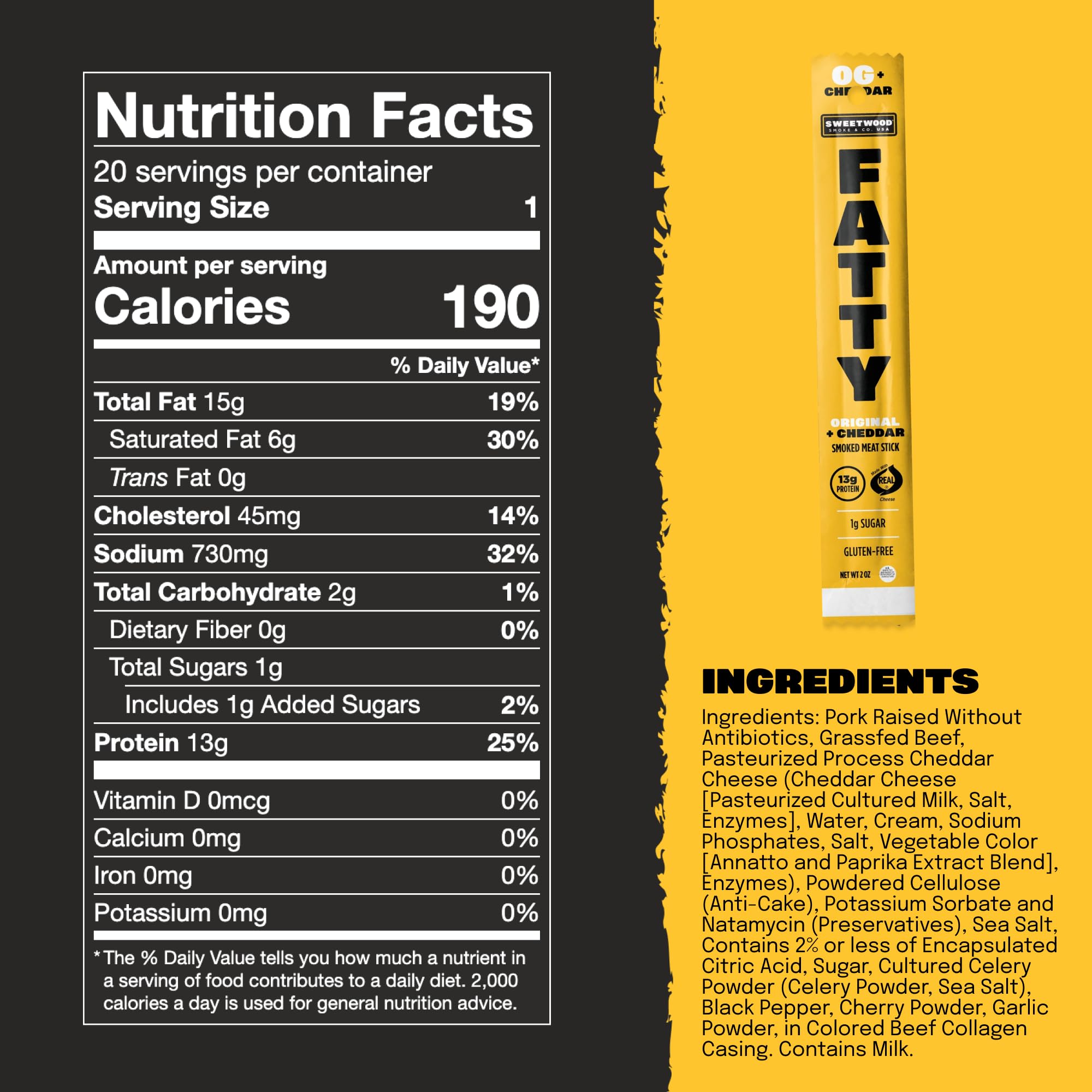 FATTY original cheddar meat sticks close-up label highlighting natural ingredients