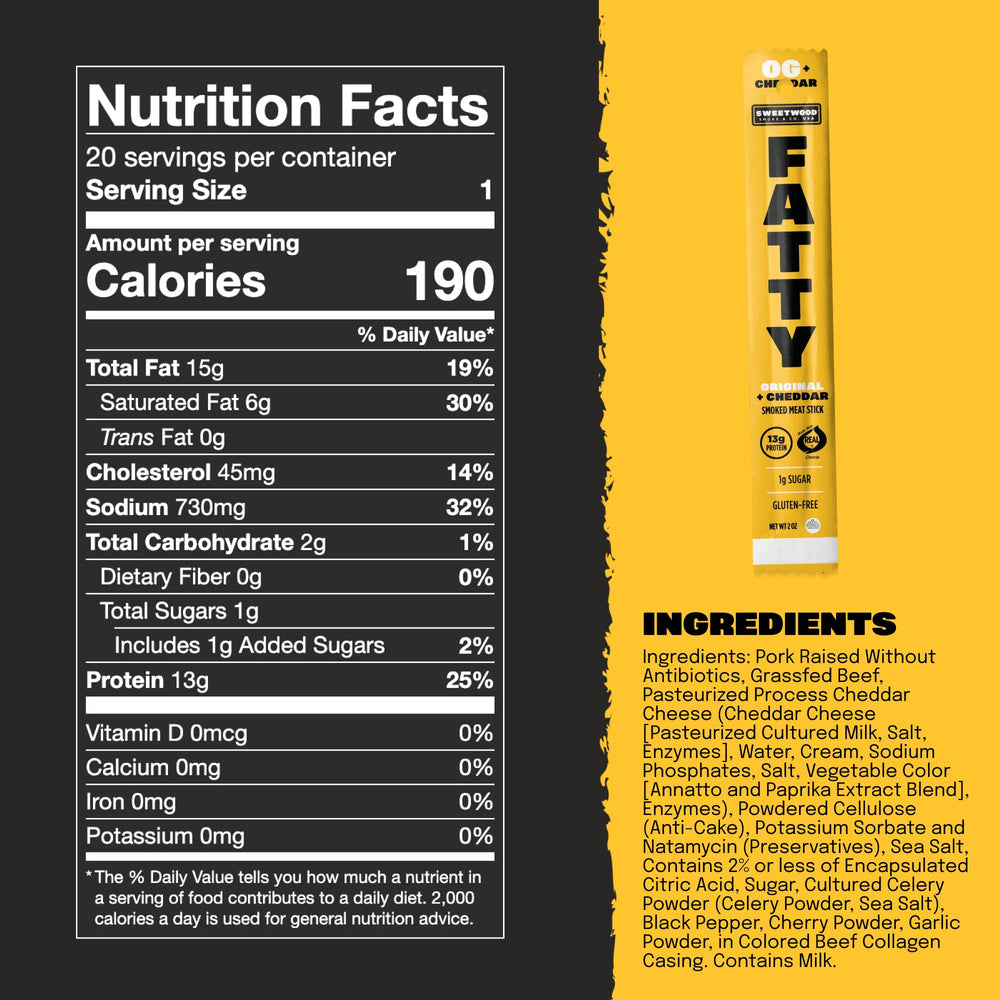 FATTY original cheddar meat sticks close-up label highlighting natural ingredients