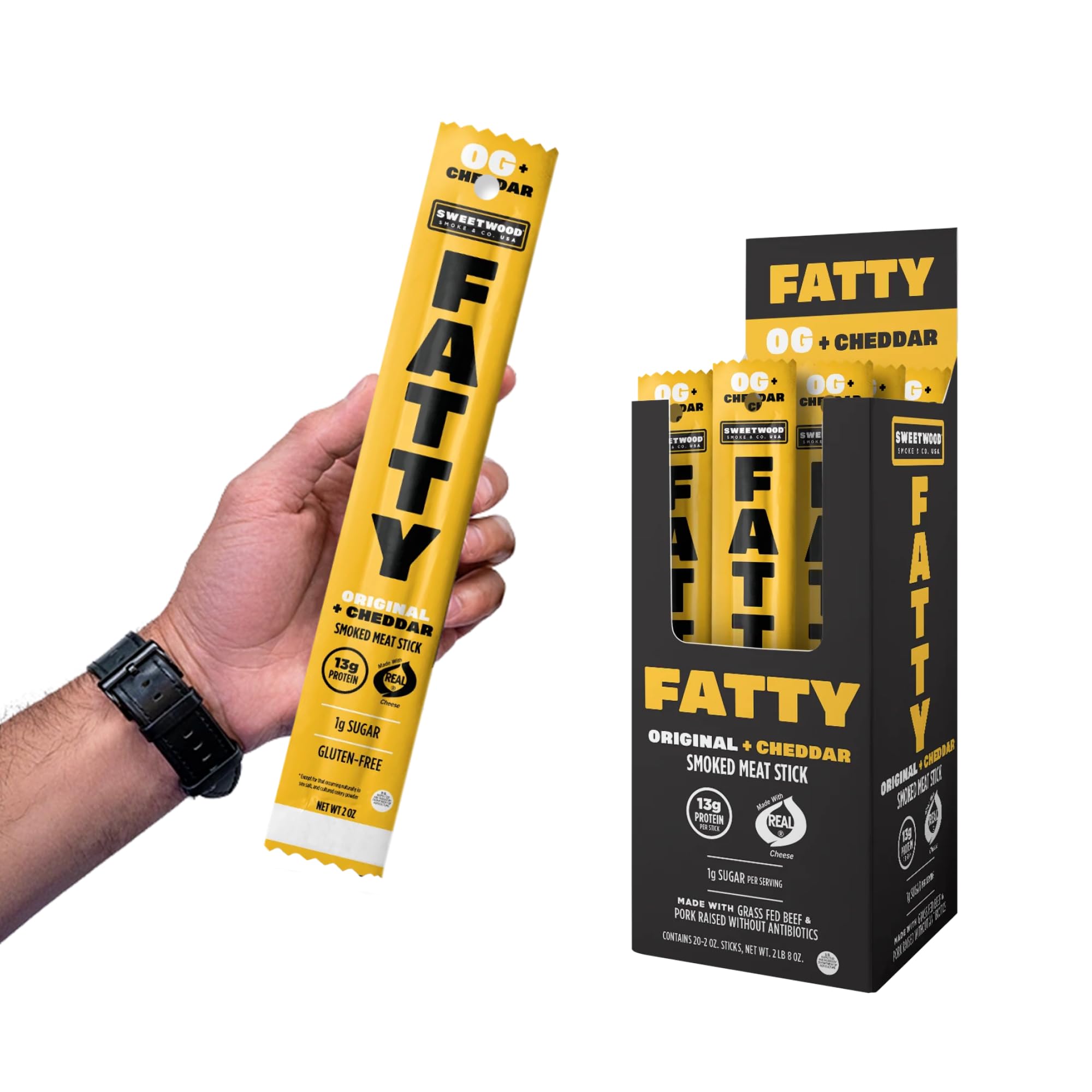 FATTY original cheddar meat sticks front-pack view; high-protein snack