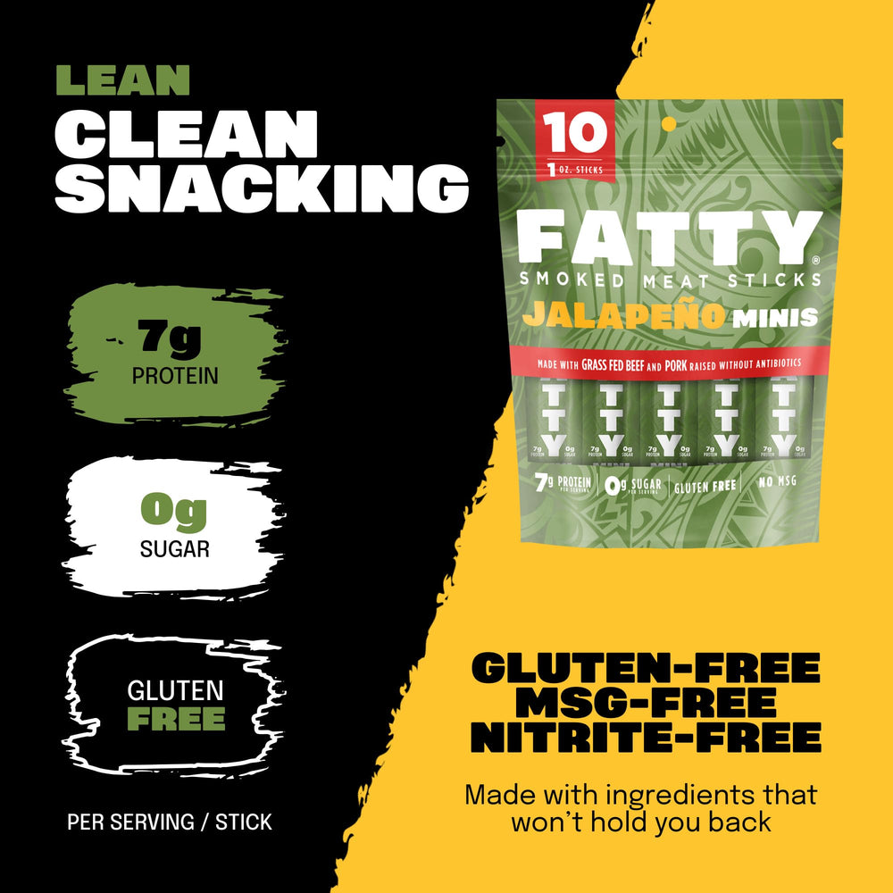 FATTY Mini Meat Sticks feature antibiotic-free pork for clean protein.