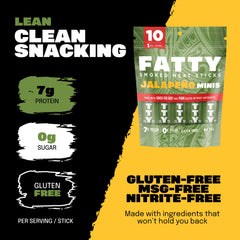 FATTY Mini Meat Sticks feature antibiotic-free pork for clean protein.