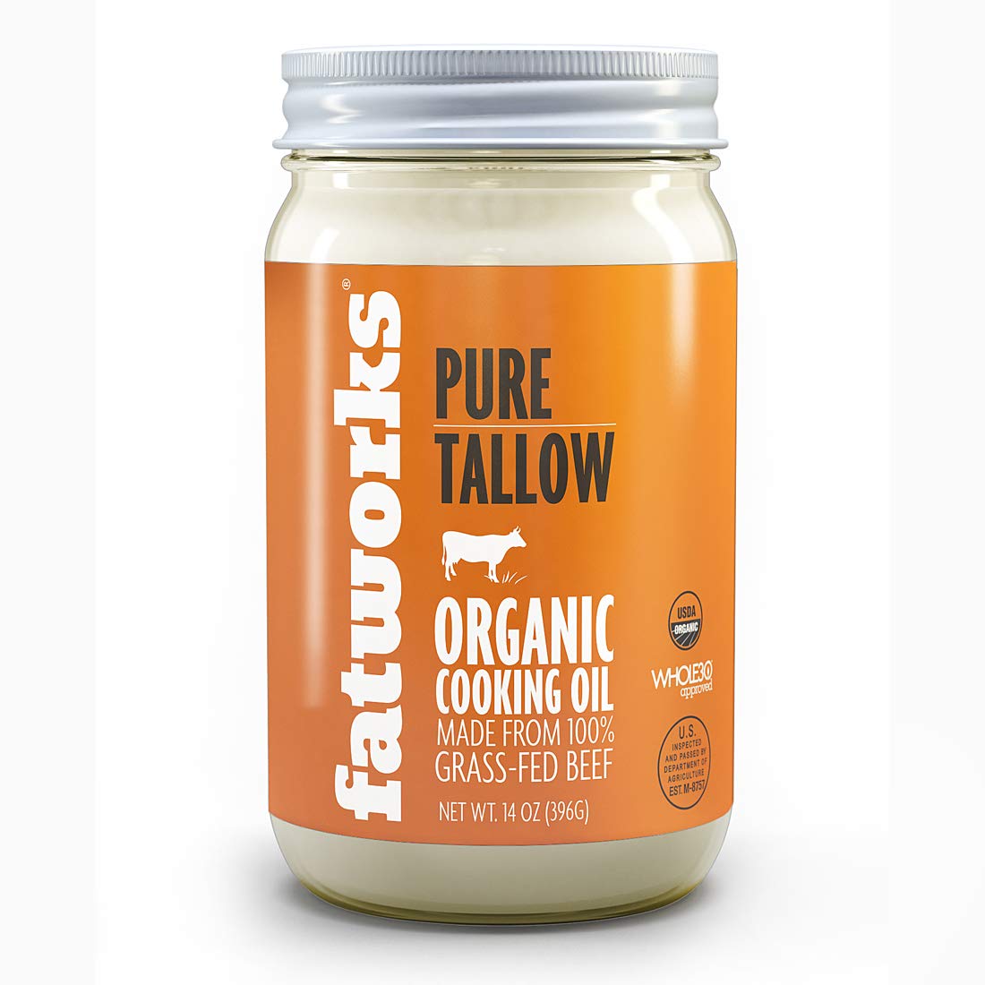 Fatworks beef tallow jar 14oz on counter for high-heat cooking.