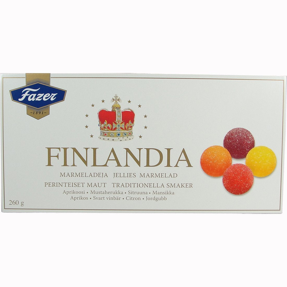 Fazer Finlandia Marmelade Jellies jar-closeup highlighting vibrant fruit preserves.